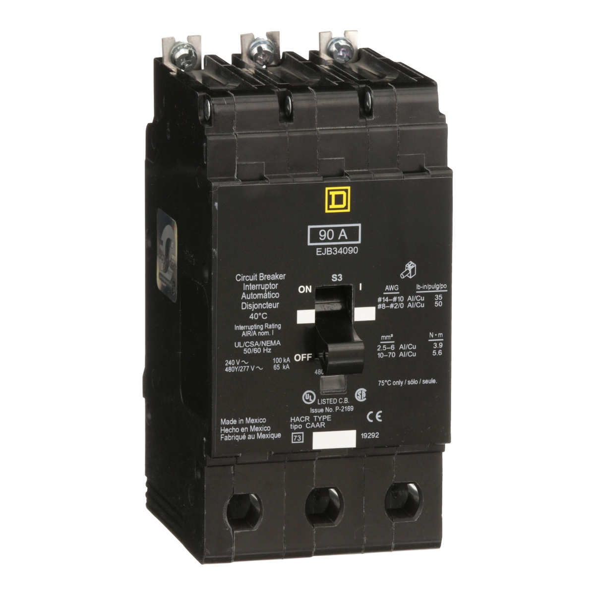 EJB34090 Mini circuit breaker, E-Frame, 90A, 3 pole, 480Y/277VAC, 100kA max, bolt on