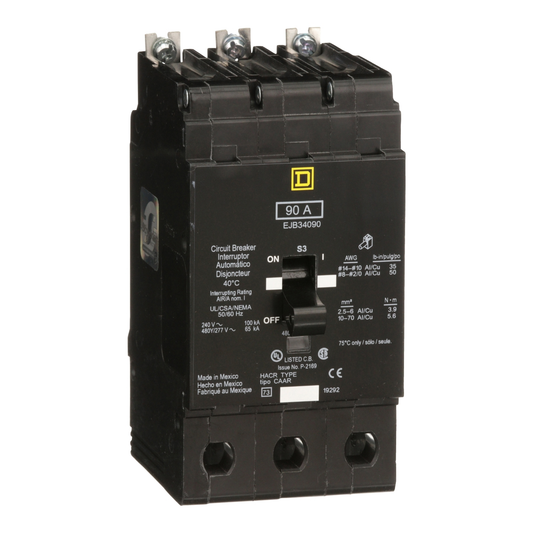 EJB34090 Mini circuit breaker, E-Frame, 90A, 3 pole, 480Y/277VAC, 100kA max, bolt on