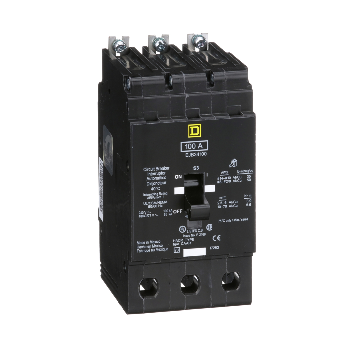 EJB34100 Mini circuit breaker, E-Frame, 100A, 3 pole, 480Y/277VAC, 100kA max, bolt on [TAA]