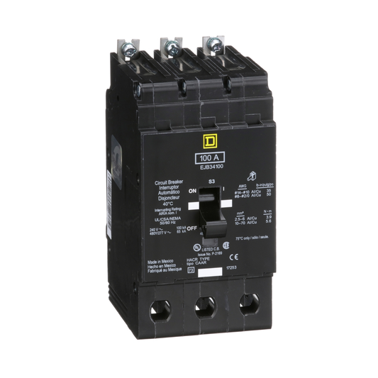 EJB34100 Mini circuit breaker, E-Frame, 100A, 3 pole, 480Y/277VAC, 100kA max, bolt on [TAA]