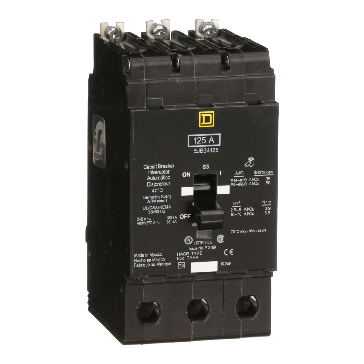 EJB34125 Mini circuit breaker, E-Frame, 125A, 3 pole, 480Y/277VAC, 100kA max, bolt on