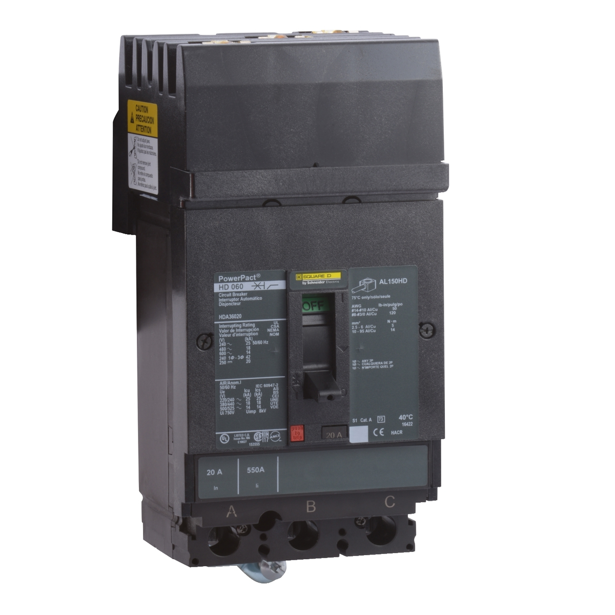 HDA36020 Circuit breaker, PowerPacT H, 20A, 3 pole, 600VAC, 14kA, I-Line, thermal magnetic, 80%, ABC