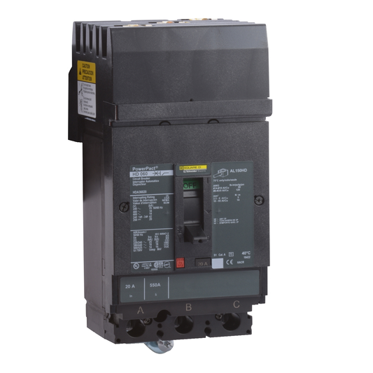 HDA36020 Circuit breaker, PowerPacT H, 20A, 3 pole, 600VAC, 14kA, I-Line, thermal magnetic, 80%, ABC