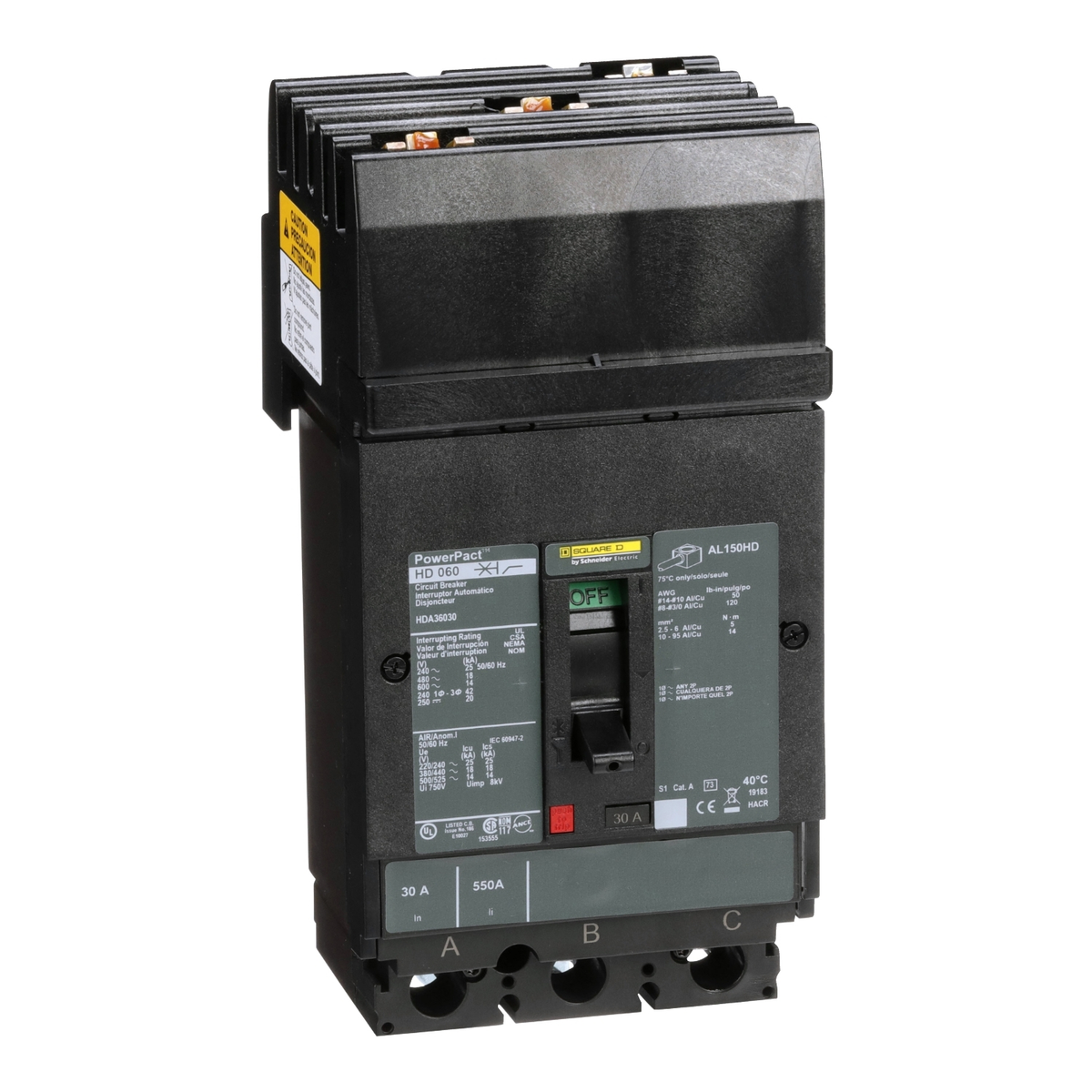 HDA36030 Circuit breaker, PowerPacT H, 30A, 3 pole, 600VAC, 14kA, I-Line, thermal magnetic, 80%, ABC