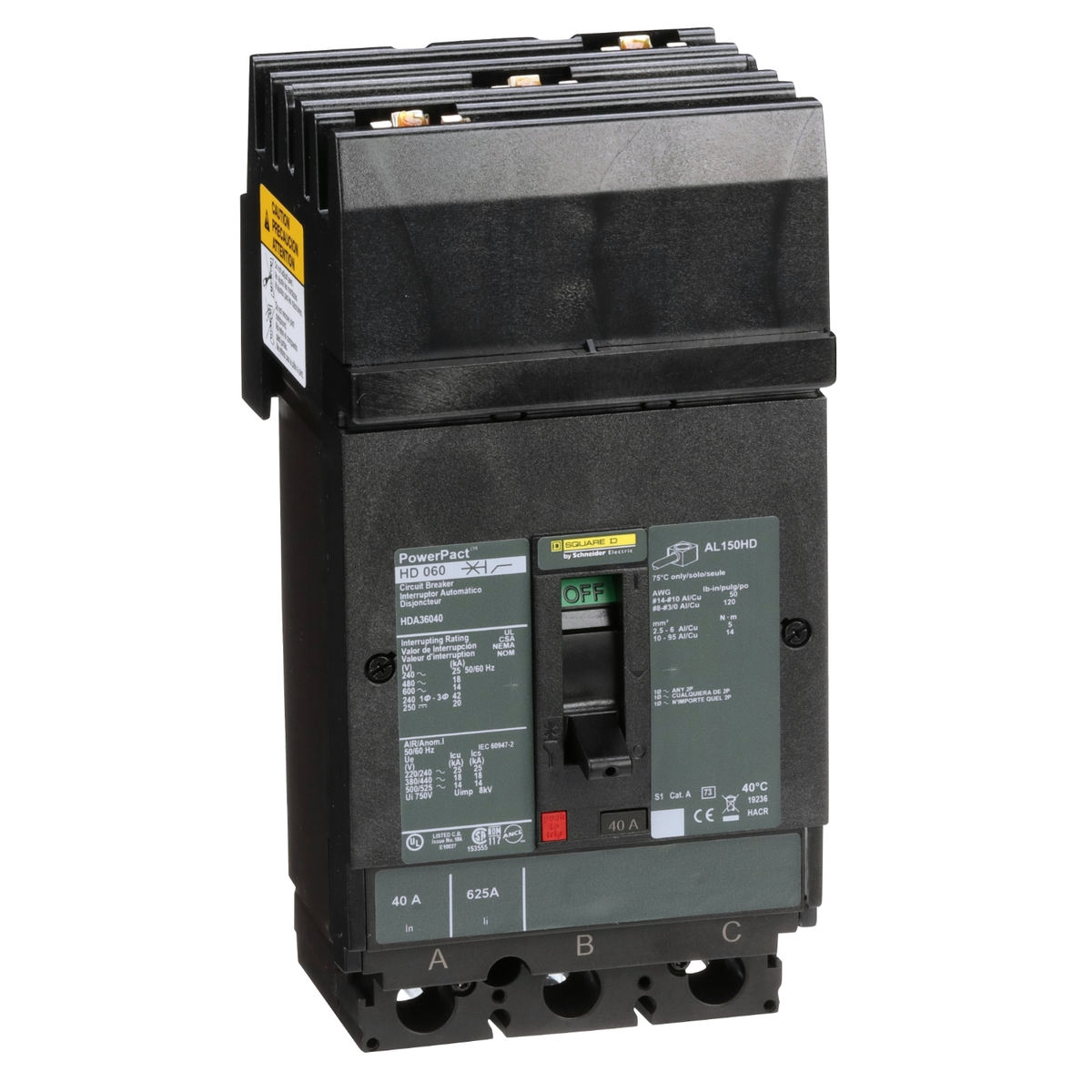 HDA36040 Circuit breaker, PowerPacT H, 40A, 3 pole, 600VAC, 14kA, I-Line, thermal magnetic, 80%, ABC
