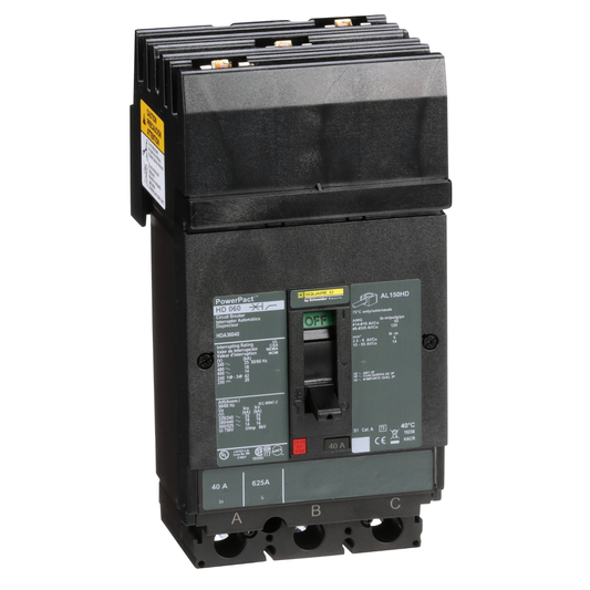 HDA36040 Circuit breaker, PowerPacT H, 40A, 3 pole, 600VAC, 14kA, I-Line, thermal magnetic, 80%, ABC