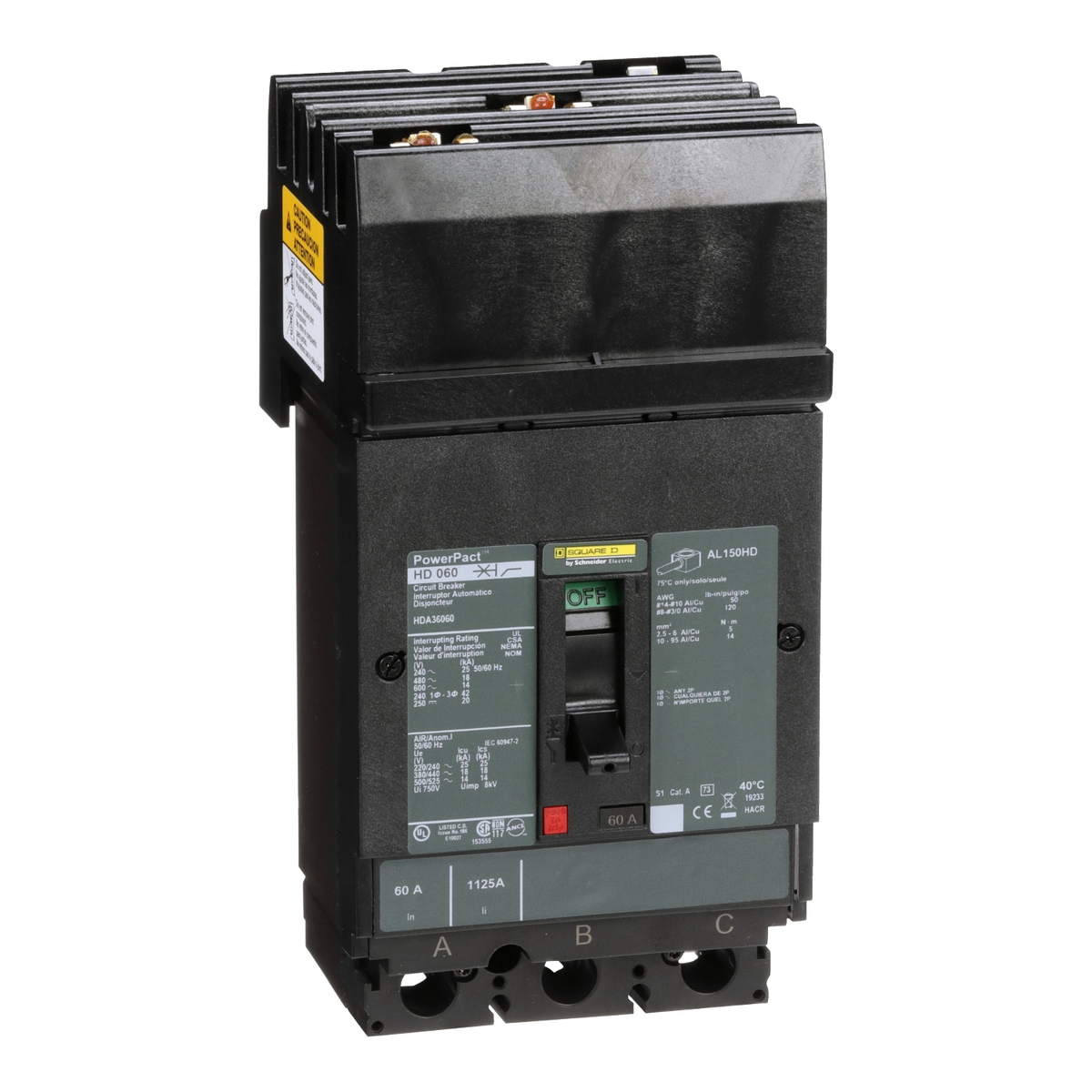 HDA36060 Circuit breaker, PowerPacT H, 60A, 3 pole, 600VAC, 14kA, I-Line, thermal magnetic, 80%, ABC