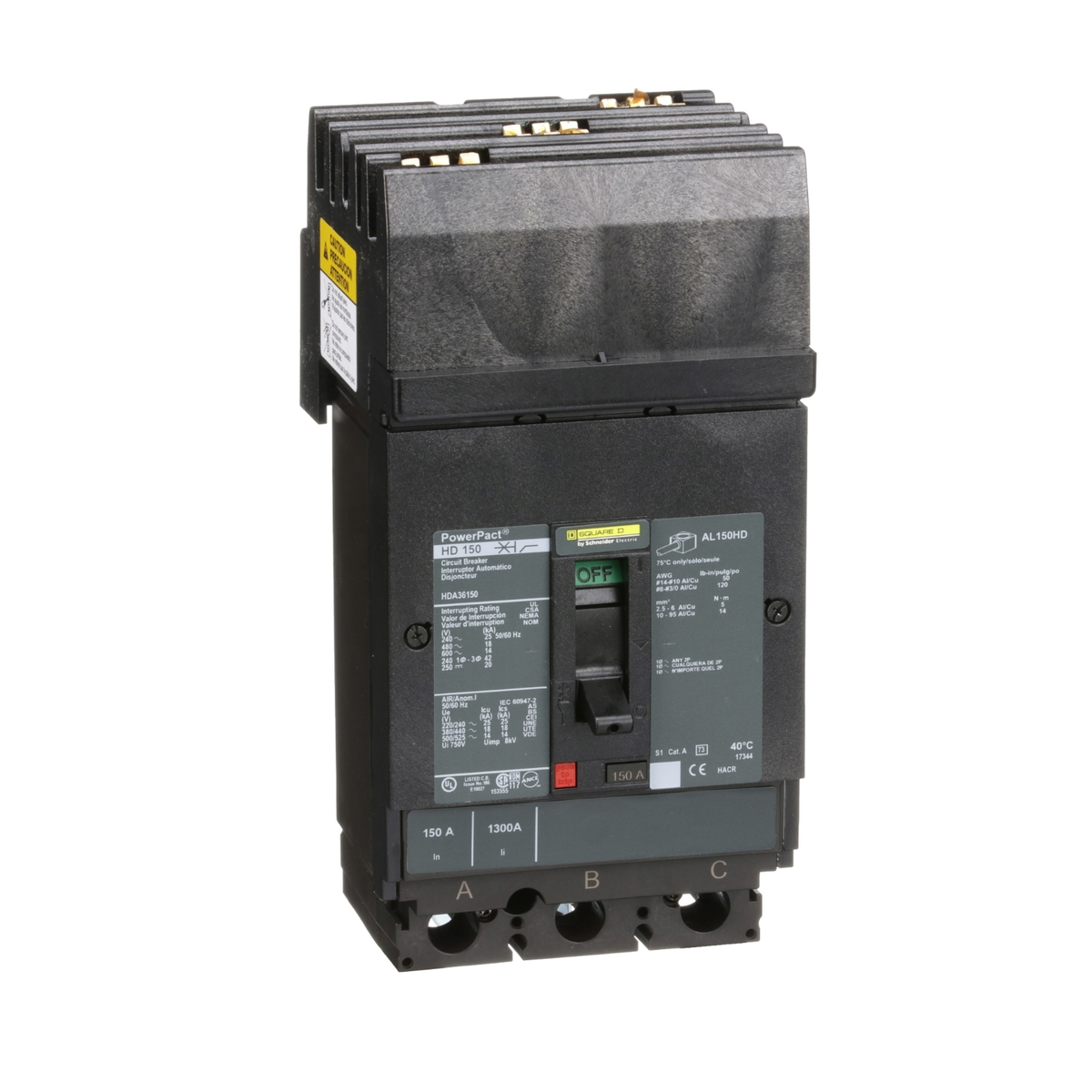 HDA36150 Circuit breaker, PowerPacT H, 150A, 3 pole, 600VAC, 14kA, I-Line, thermal magnetic, 80%, ABC