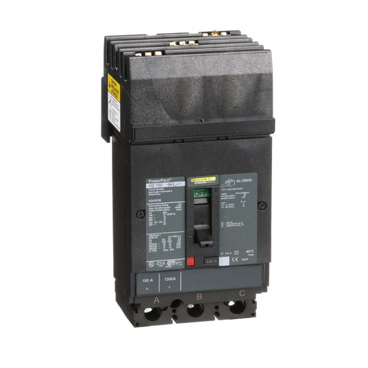 HDA36150 Circuit breaker, PowerPacT H, 150A, 3 pole, 600VAC, 14kA, I-Line, thermal magnetic, 80%, ABC