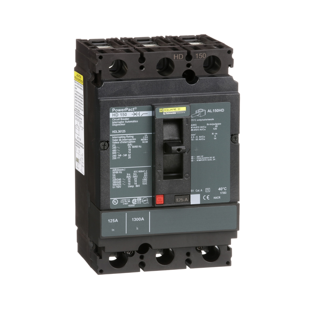 HDL36125 Circuit breaker, PowerPacT H, 125A, 3 pole, 600VAC, 14kA, lugs, thermal magnetic, 80%