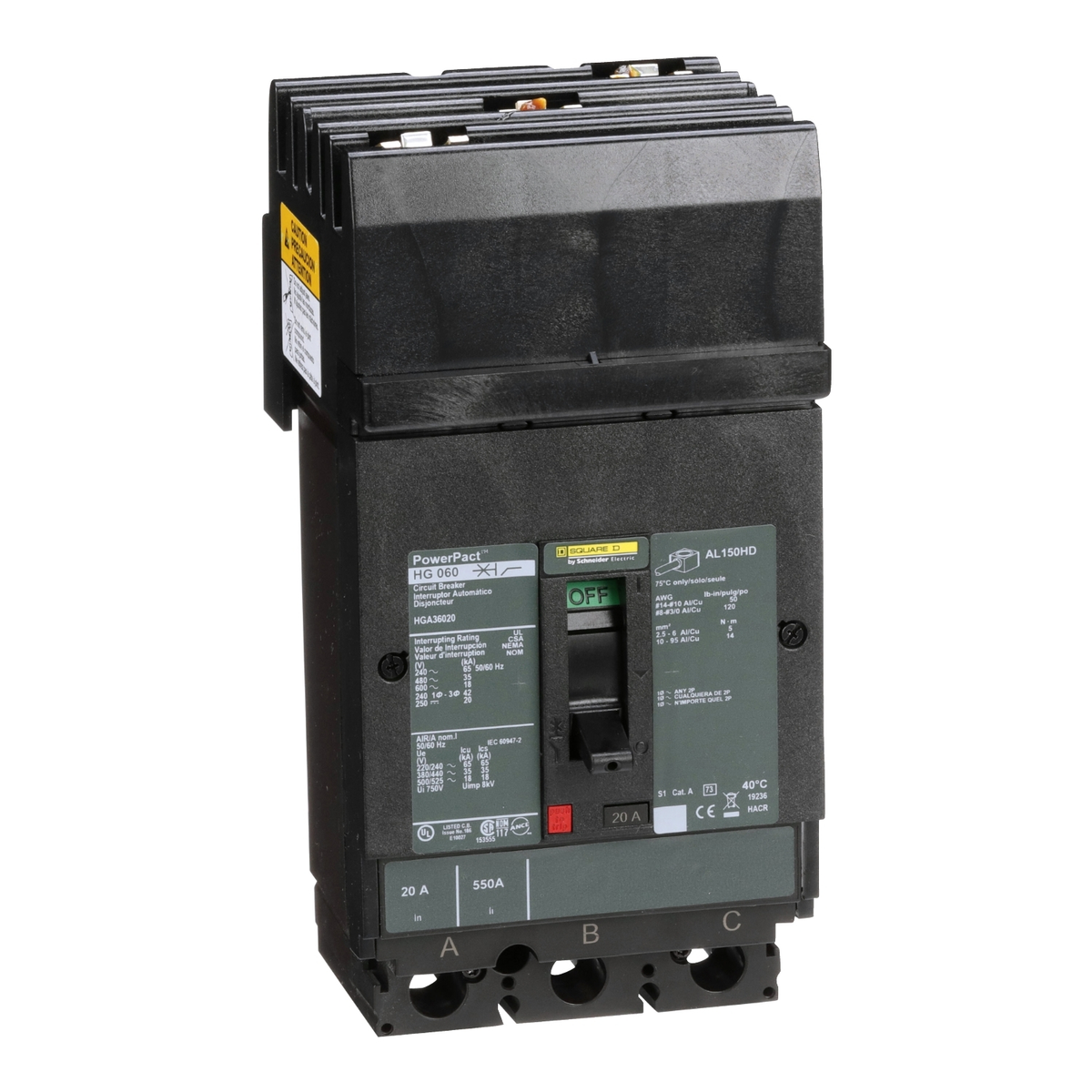 HGA36020 Circuit breaker, PowerPacT H, 20A, 3 pole, 600VAC, 18kA, I-Line, thermal magnetic, 80%, ABC