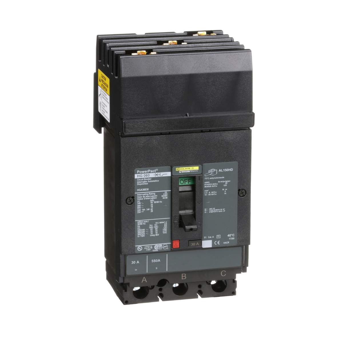 HGA36030 Circuit breaker, PowerPacT H, 30A, 3 pole, 600VAC, 18kA, I-Line, thermal magnetic, 80%, ABC