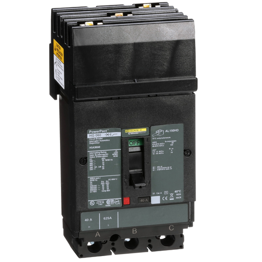 HGA36040 Circuit breaker, PowerPacT H, 40A, 3 pole, 600VAC, 18kA, I-Line, thermal magnetic, 80%, ABC