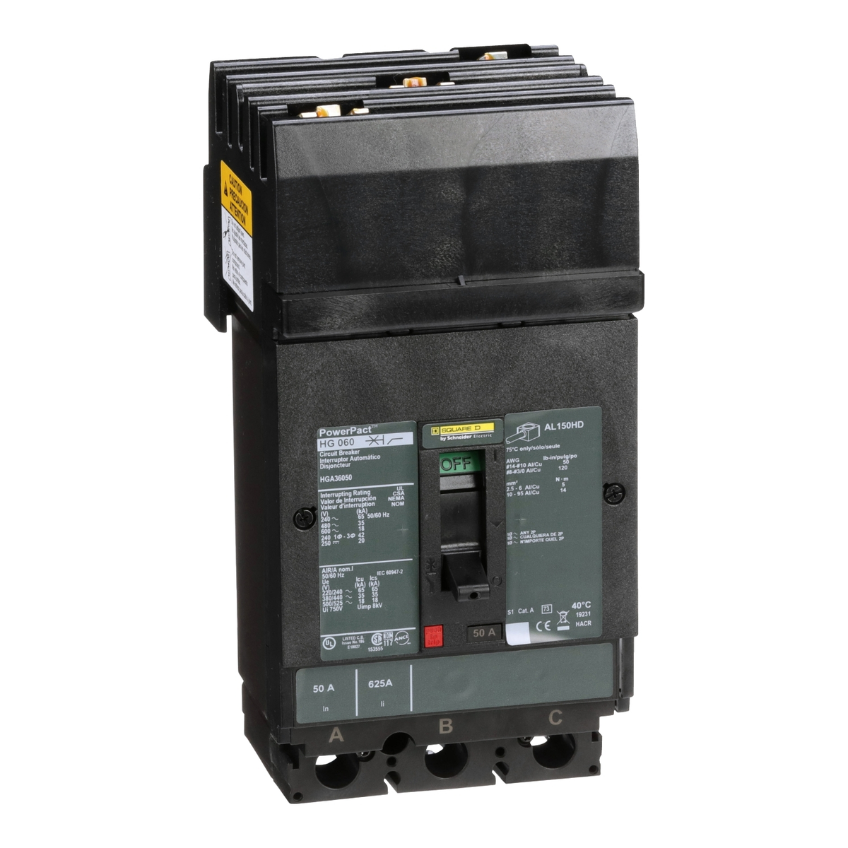 HGA36050 Circuit breaker, PowerPacT H, 50A, 3 pole, 600VAC, 18kA, I-Line, thermal magnetic, 80%, ABC