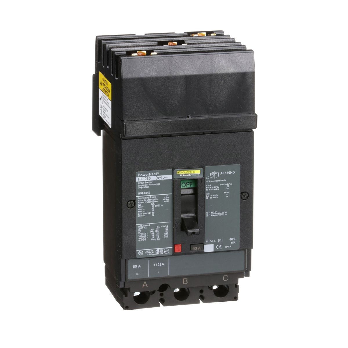 HGA36060 Circuit breaker, PowerPacT H, 60A, 3 pole, 600VAC, 18kA, I-Line, thermal magnetic, 80%, ABC