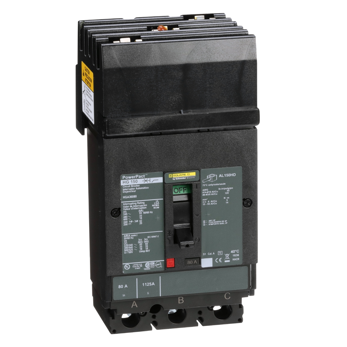 HGA36080 Circuit breaker, PowerPacT H, 80A, 3 pole, 600VAC, 18kA, I-Line, thermal magnetic, 80%, ABC