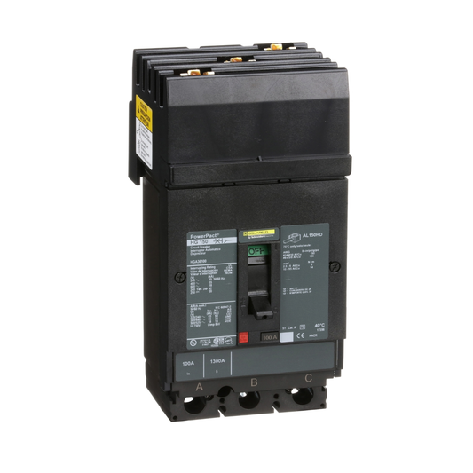 HGA36100 Circuit breaker, PowerPacT H, 100A, 3 pole, 600VAC, 18kA, I-Line, thermal magnetic, 80%, ABC