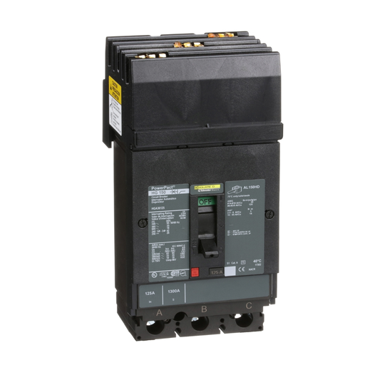 HGA36125 Circuit breaker, PowerPacT H, 125A, 3 pole, 600VAC, 18kA, I-Line, thermal magnetic, 80%, ABC