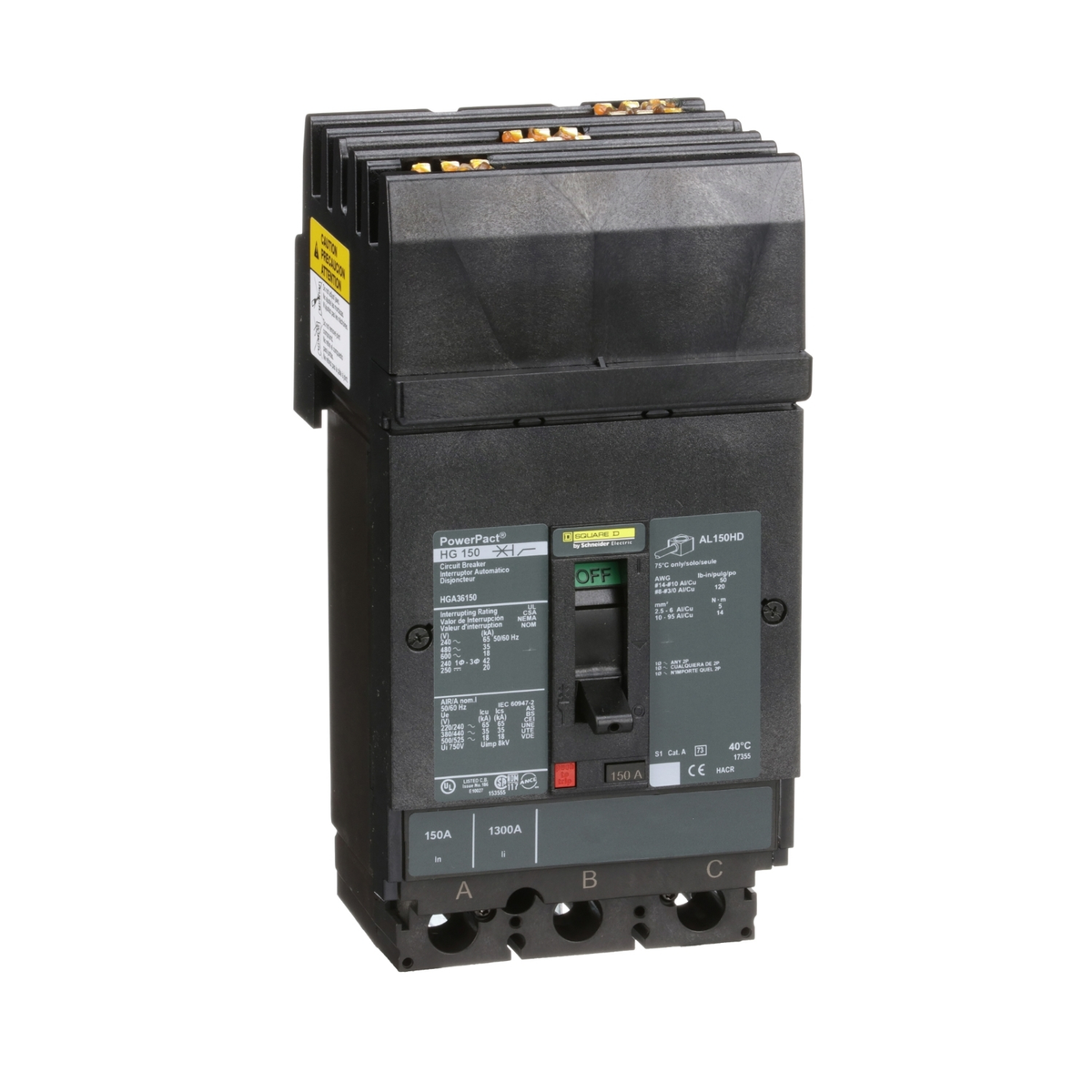 HGA36150 Circuit breaker, PowerPacT H, 150A, 3 pole, 600VAC, 18kA, I-Line, thermal magnetic, 80%, ABC