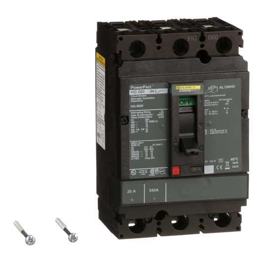 HGL36020 Circuit breaker, PowerPacT H, 20A, 3 pole, 600VAC, 18kA, lugs, thermal magnetic, 80%