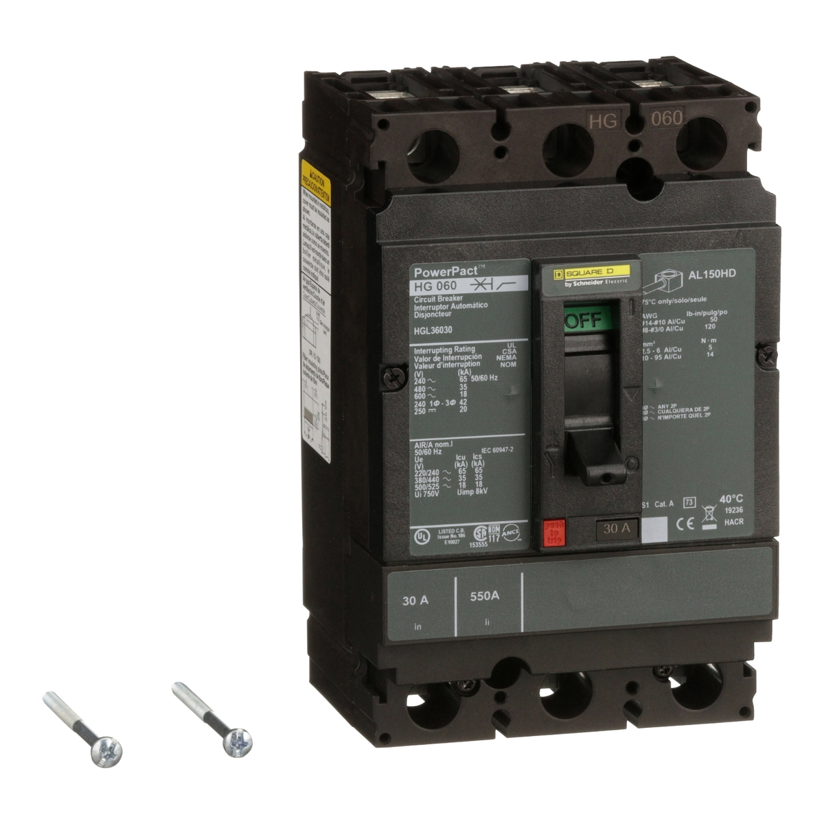 HGL36030 Circuit breaker, PowerPacT H, 30A, 3 pole, 600VAC, 18kA, lugs, thermal magnetic, 80%