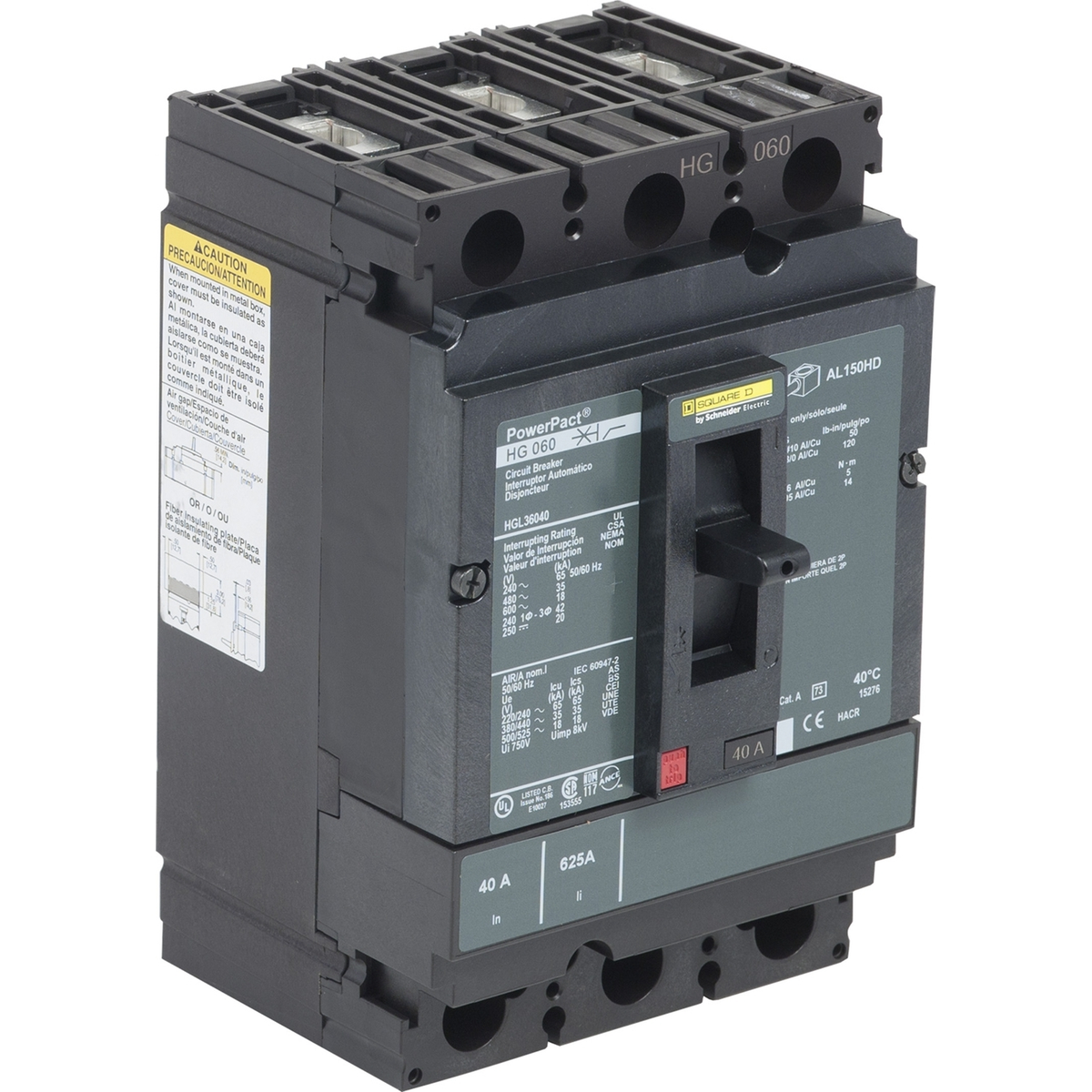 HGL36040 Circuit breaker, PowerPacT H, 40A, 3 pole, 600VAC, 18kA, lugs, thermal magnetic, 80%
