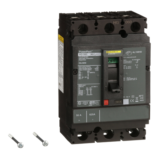 HGL36050 Circuit breaker, PowerPacT H, 50A, 3 pole, 600VAC, 18kA, lugs, thermal magnetic, 80%