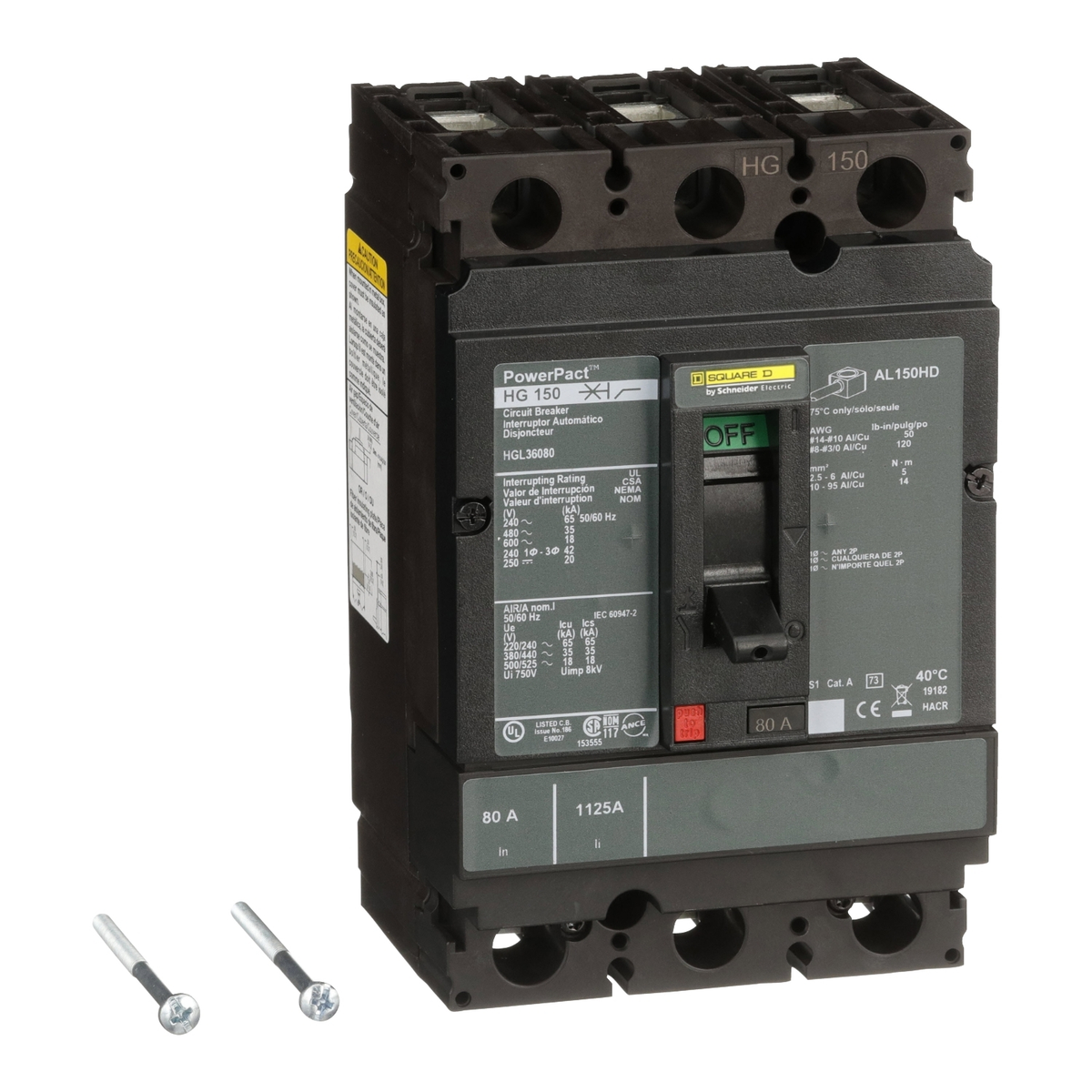 HGL36080 Circuit breaker, PowerPacT H, 80A, 3 pole, 600VAC, 18kA, lugs, thermal magnetic, 80%