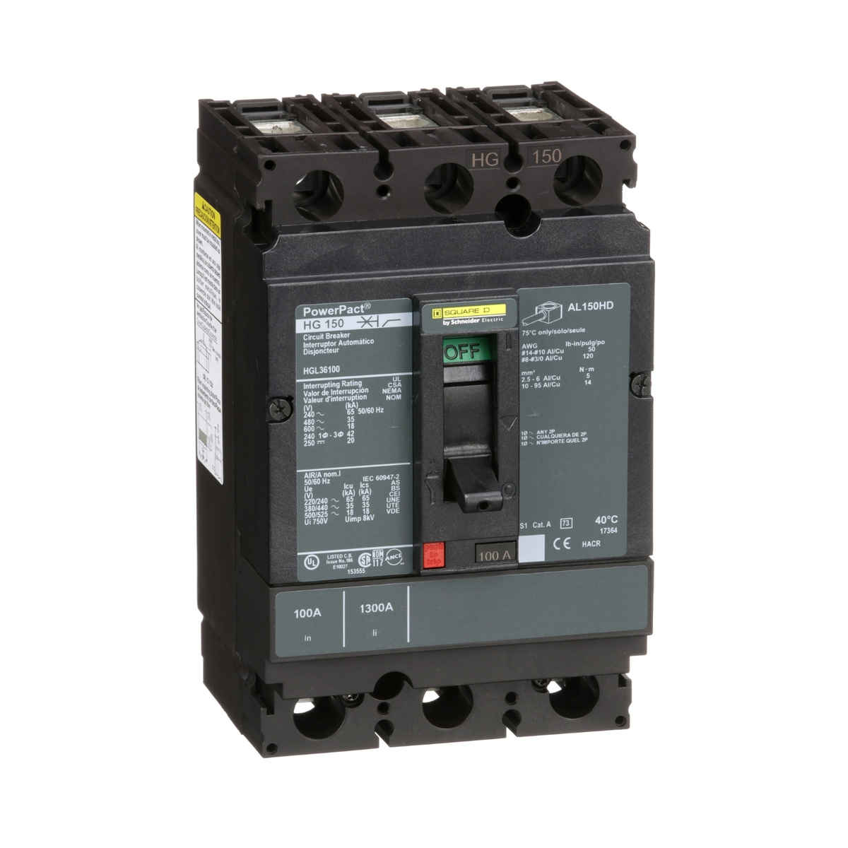 HGL36150 Circuit breaker, PowerPacT H, 150A, 3 pole, 600VAC, 18kA, lugs, thermal magnetic, 80%