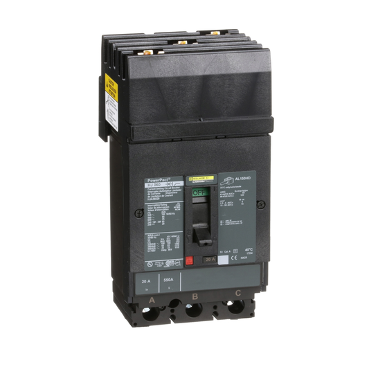 HJA36020 Circuit breaker, PowerPacT H, 20A, 3 pole, 600VAC, 25kA, I-Line, thermal magnetic, 80%, ABC