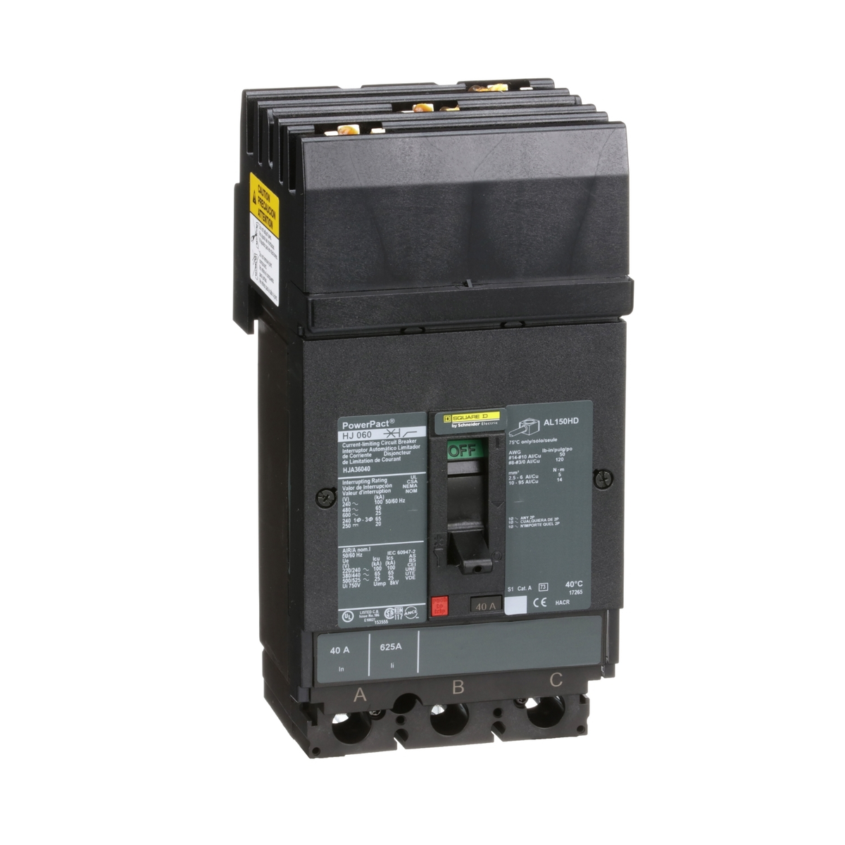 HJA36040 Circuit breaker, PowerPacT H, 40A, 3 pole, 600VAC, 25kA, I-Line, thermal magnetic, 80%, ABC