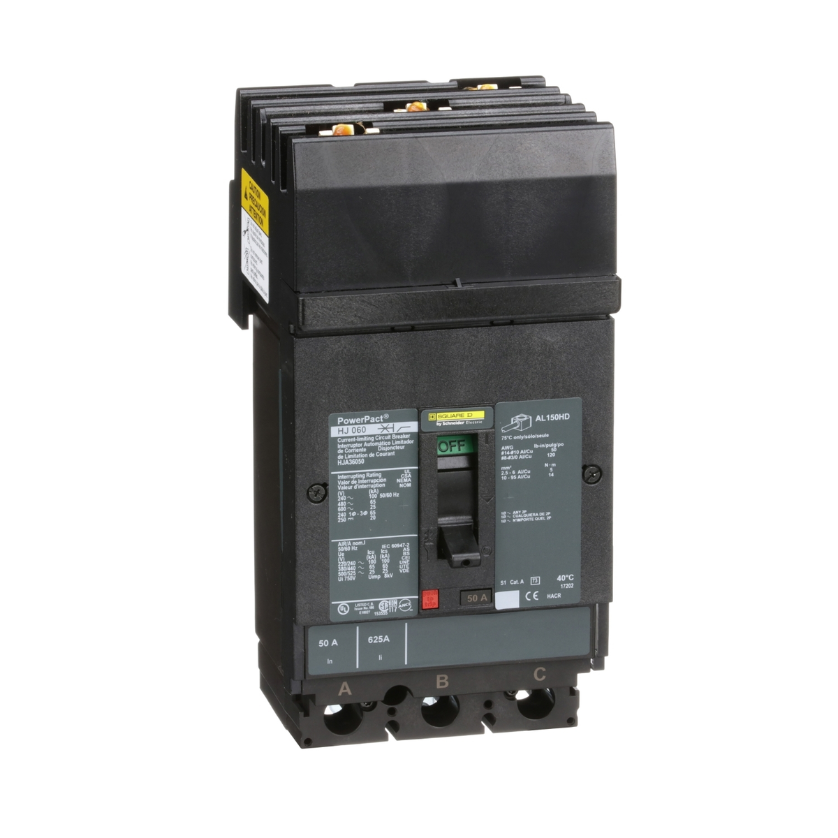 HJA36050 Circuit breaker, PowerPacT H, 50A, 3 pole, 600VAC, 25kA, I-Line, thermal magnetic, 80%, ABC