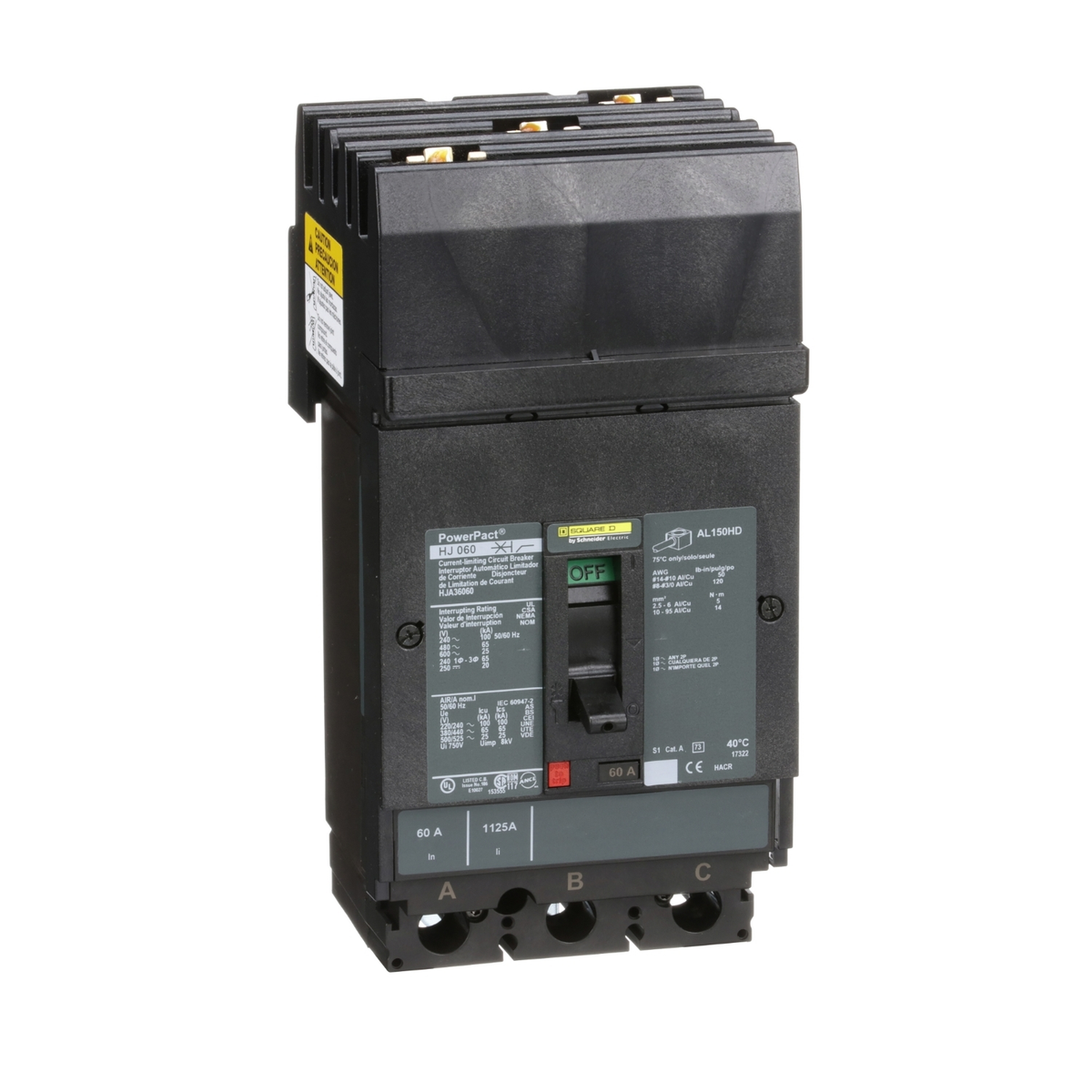 HJA36060  Circuit breaker, PowerPacT H, 60A, 3 pole, 600VAC, 25kA, I-Line, thermal magnetic, 80%, ABC