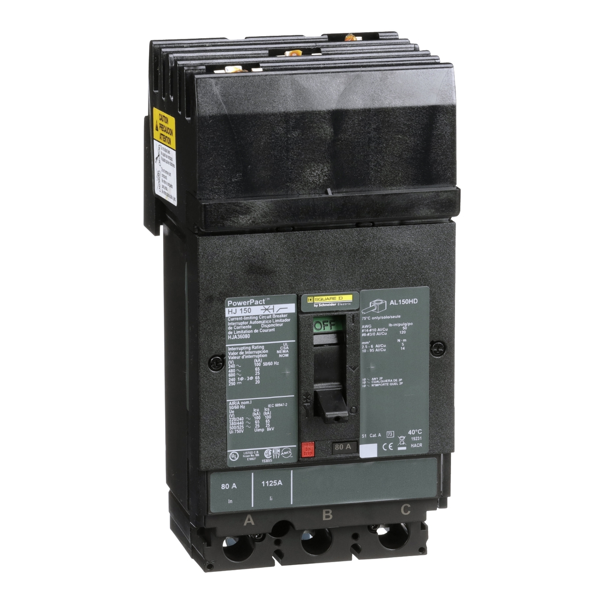 HJA36100 Circuit breaker, PowerPacT H, 100A, 3 pole, 600VAC, 25kA, I-Line, thermal magnetic, 80%, ABC