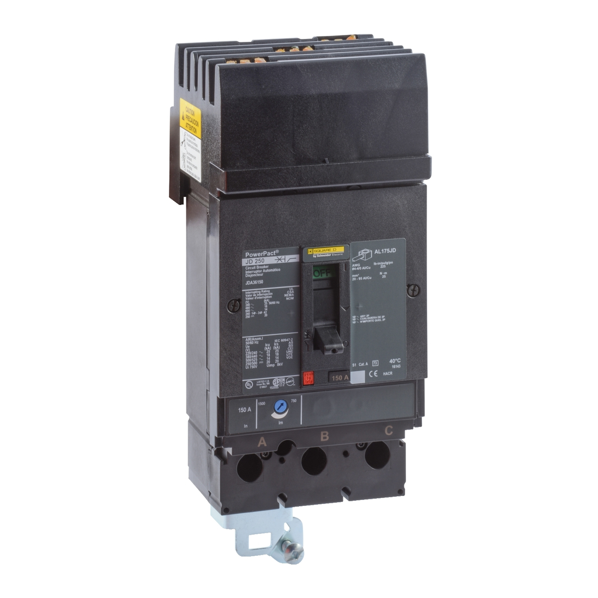 JDA36225 Circuit breaker, PowerPacT J, 225A, 3 pole, 600VAC, 14kA, I-Line, thermal magnetic, 80%, ABC
