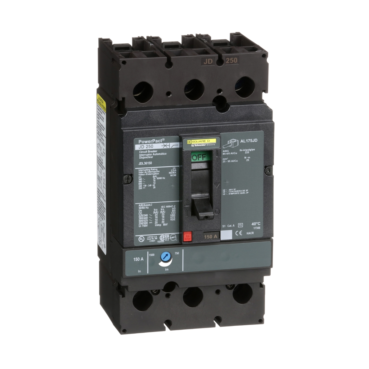 JDL36175 Circuit breaker, PowerPacT J, 175A, 3 pole, 600VAC, 14kA, lugs, thermal magnetic, 80%