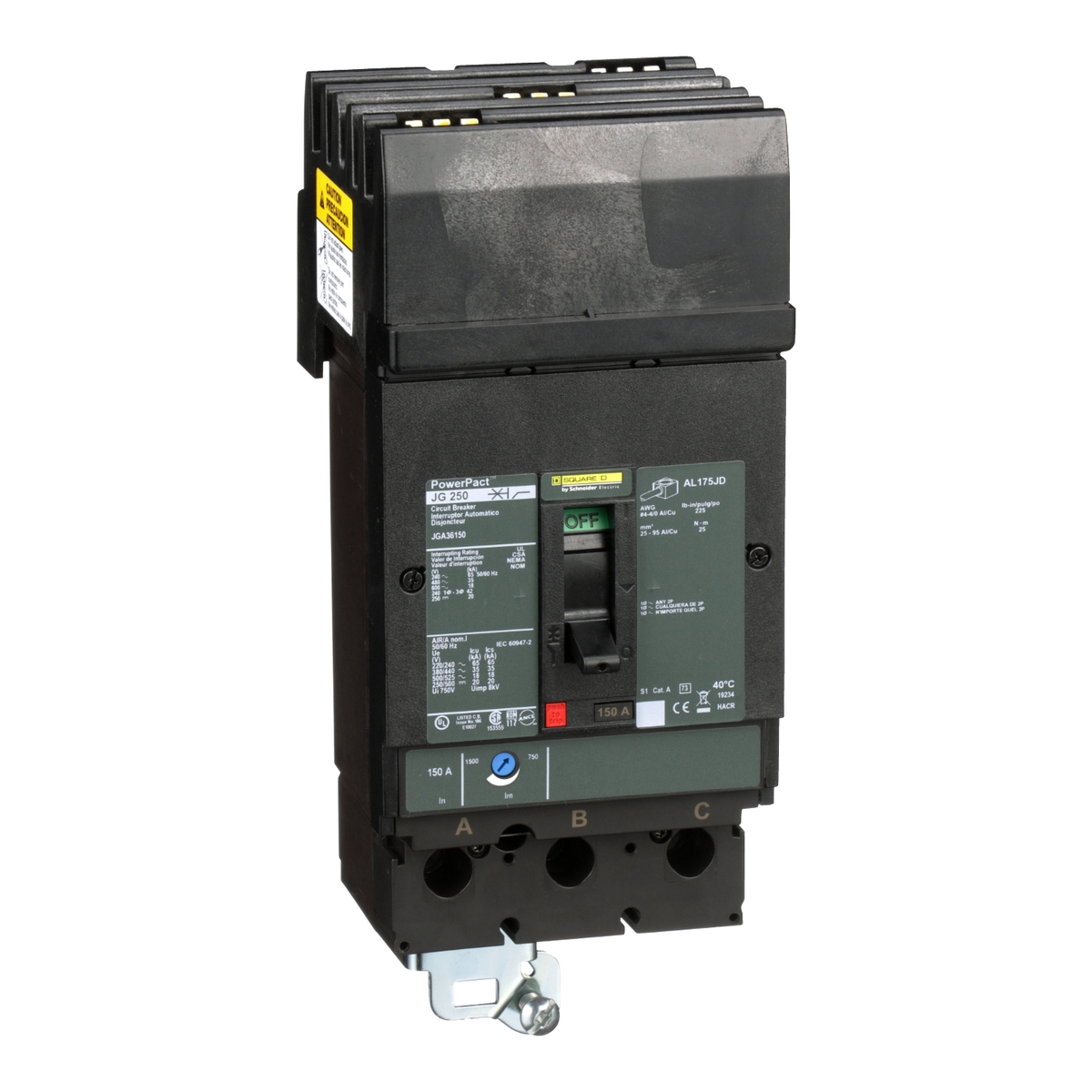 JGA36150 Circuit breaker, PowerPacT J, 150A, 3 pole, 600VAC, 18kA, I-Line, thermal magnetic, 80%, ABC