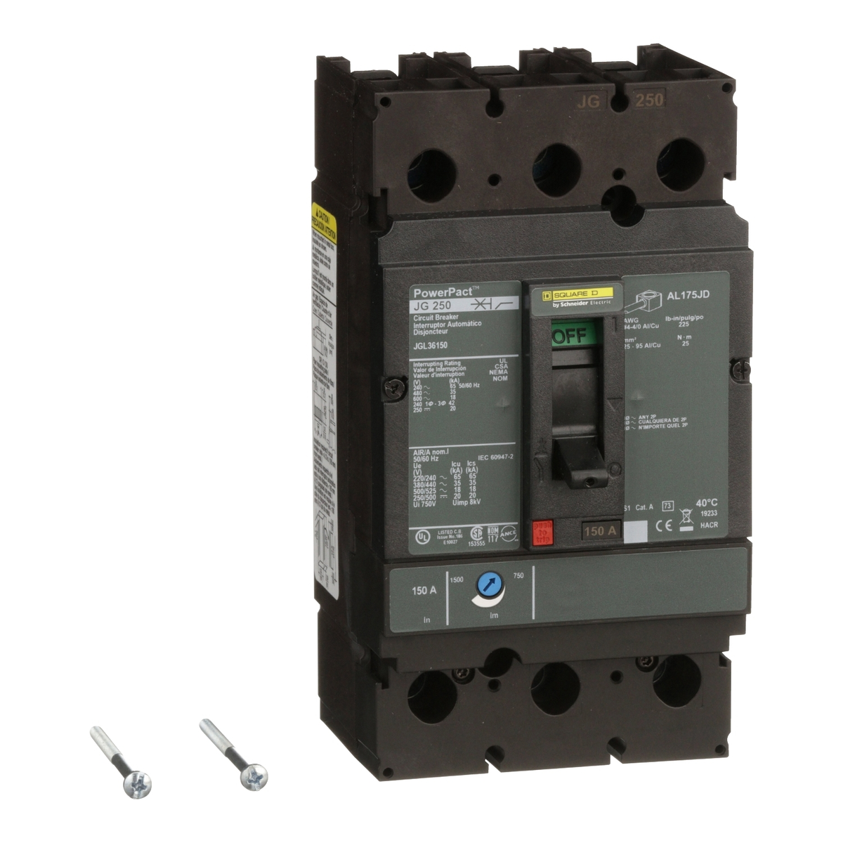 JGL36150 Circuit breaker, PowerPacT J, 150A, 3 pole, 600VAC, 18kA, lugs, thermal magnetic, 80%