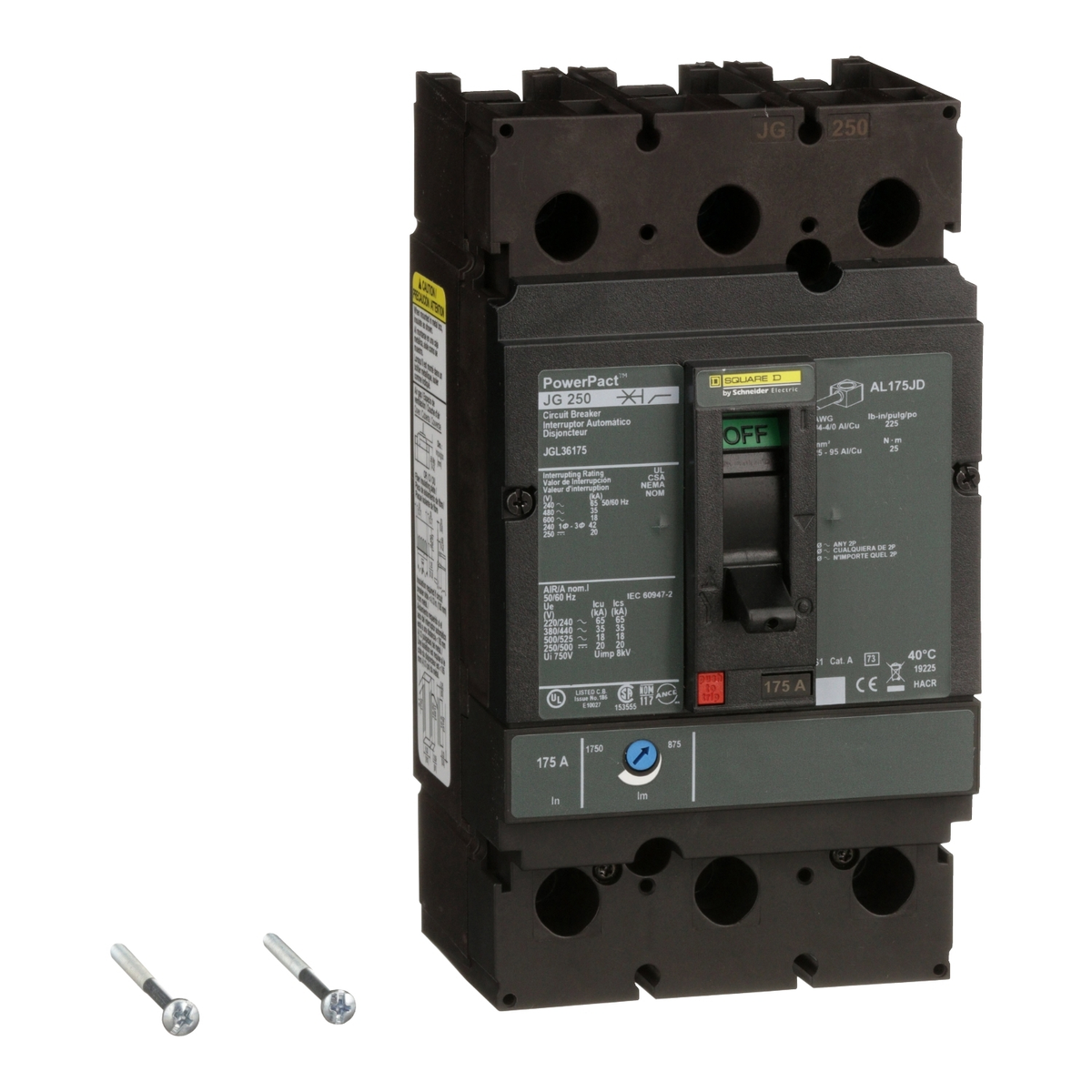 JGL36250 Circuit breaker, PowerPacT J, 250A, 3 pole, 600VAC, 18kA, lugs, thermal magnetic, 80%