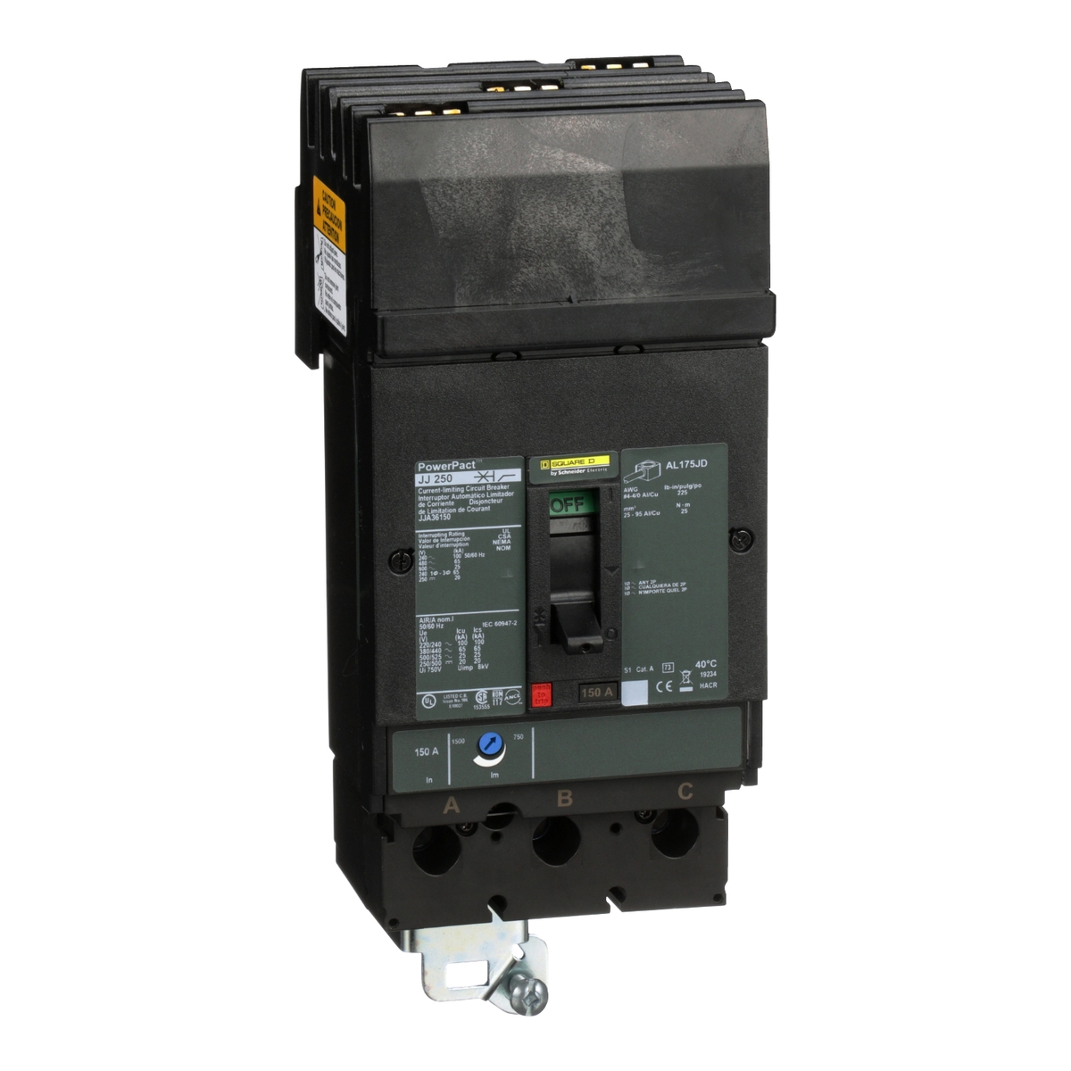 JJA36150  Circuit breaker, PowerPacT J, 150A, 3 pole, 600VAC, 25kA, I-Line, thermal magnetic, 80%, ABC