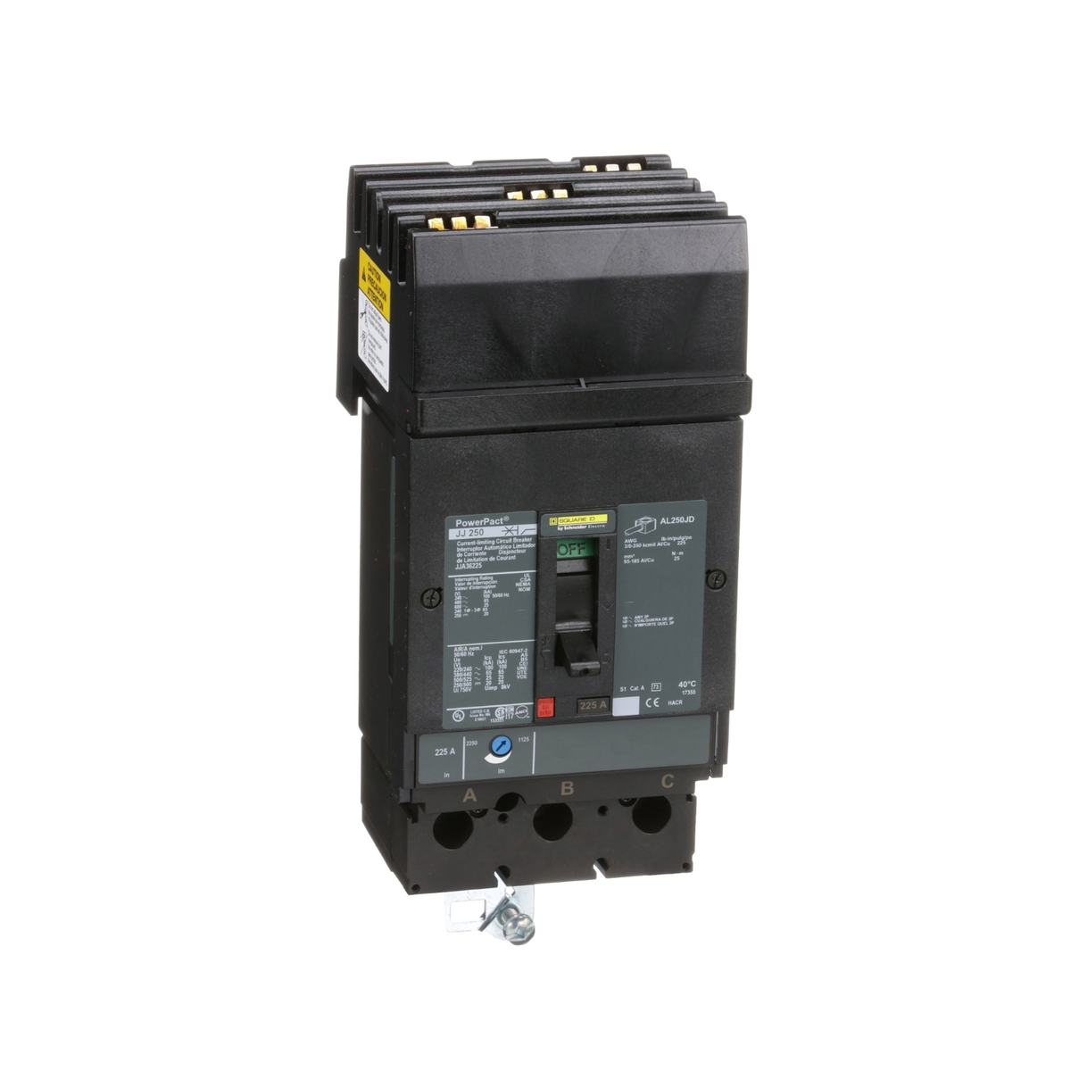 JJA36225 Circuit breaker, PowerPacT J, 225A, 3 pole, 600VAC, 25kA, I-Line, thermal magnetic, 80%, ABC