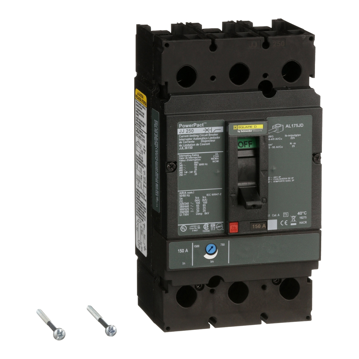 JJL36150 Circuit breaker, PowerPacT J, 150A, 3 pole, 600VAC, 25kA, lugs, thermal magnetic, 80%