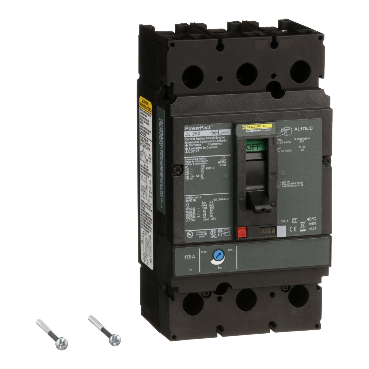 JJL36175 Circuit breaker, PowerPacT J, 175A, 3 pole, 600VAC, 25kA, lugs, thermal magnetic, 80%