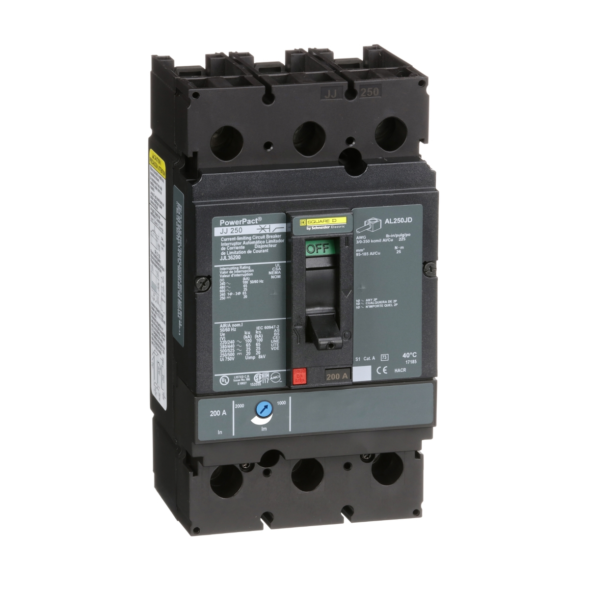 JJL36200 Schneider Electric JJL36200 Picture  4  videos Circuit breaker, PowerPacT J, 200A, 3 pole, 600VAC, 25kA, lugs, thermal magnetic, 80%