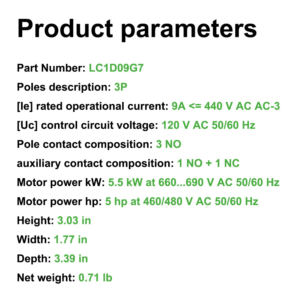 LC1D09G7 contactor 120V coil same as Schneider LC1D09G7 9A 3P 3NO AC