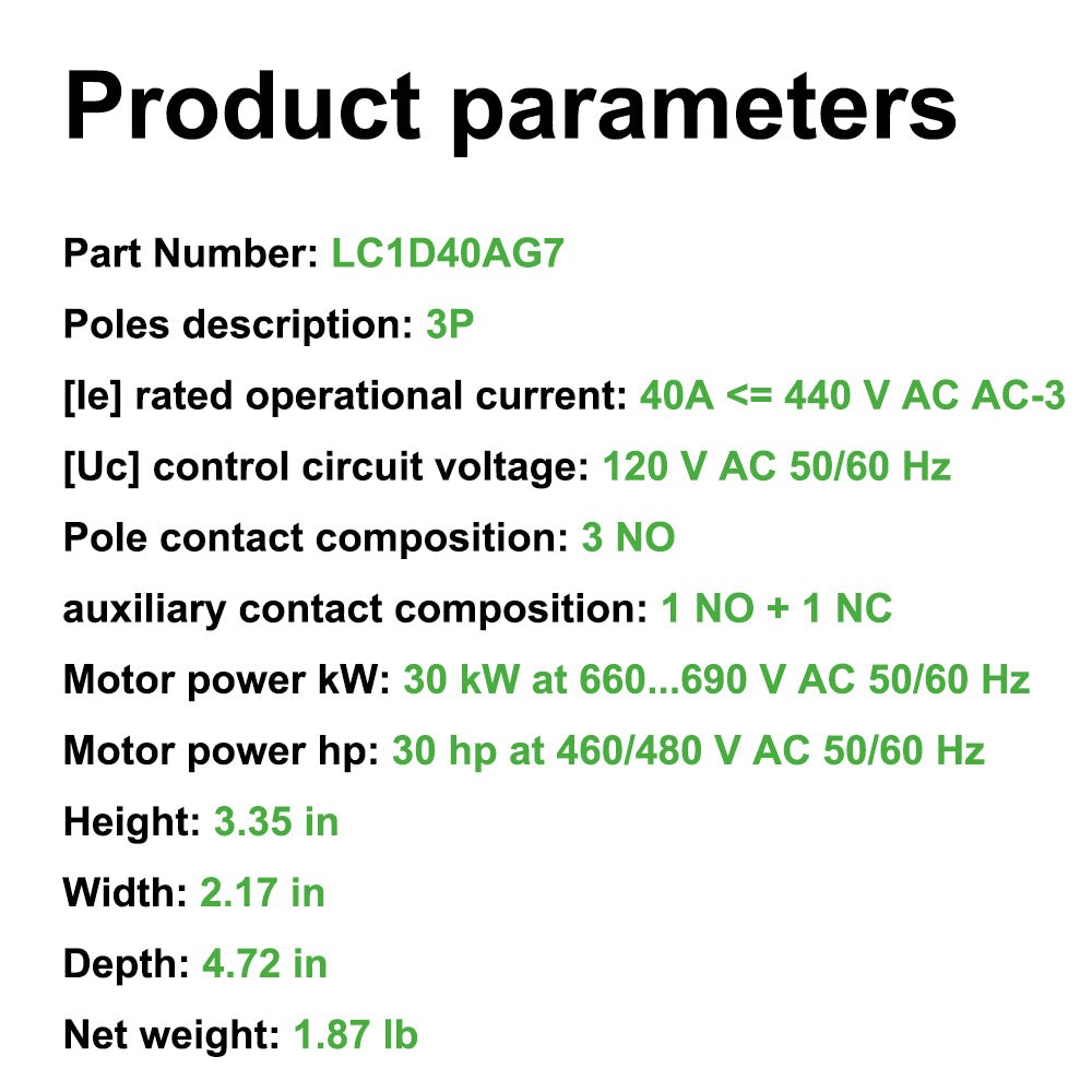 LC1D40AG7 Contactor 120V coil same as Schneider LC1D40AG7 3P 40A AC