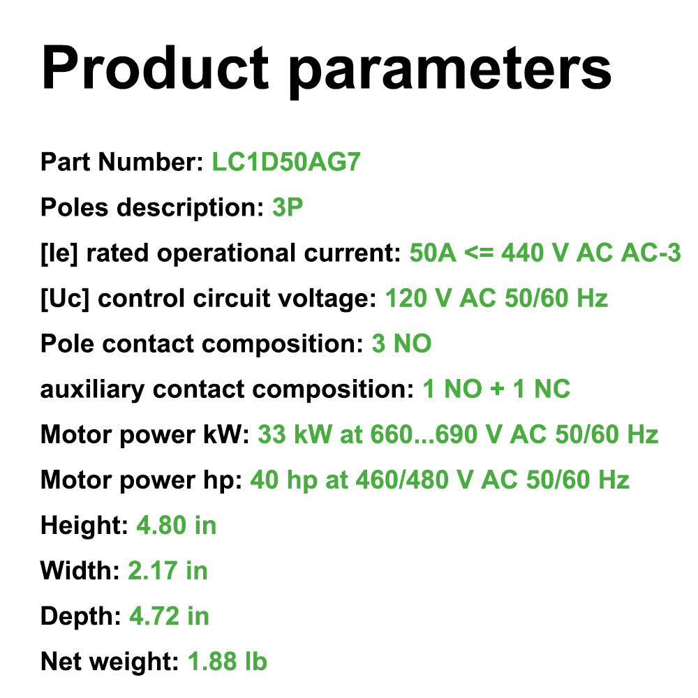 LC1D50AG7 Contactor 120V coil same as Schneider LC1D50AG7 3P 50A AC