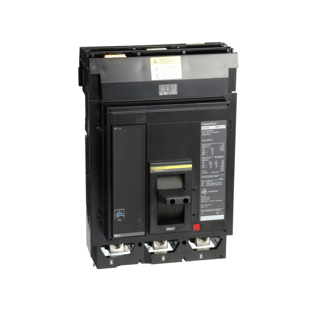 MGA36800 Circuit breaker, PowerPacT M, 800A, 3 pole, 600VAC, 18kA, I-Line, ET 1.0, 80%, ABC