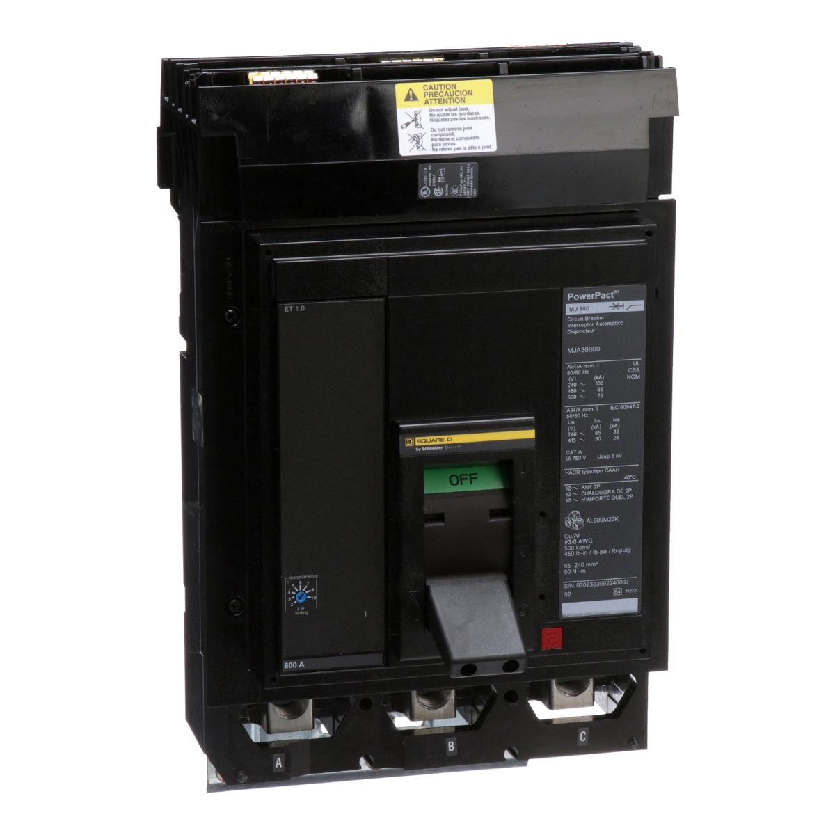 MJA36800 Circuit breaker, PowerPacT M, 800A, 3 pole, 600VAC, 25kA, I-Line, ET 1.0, 80%, ABC